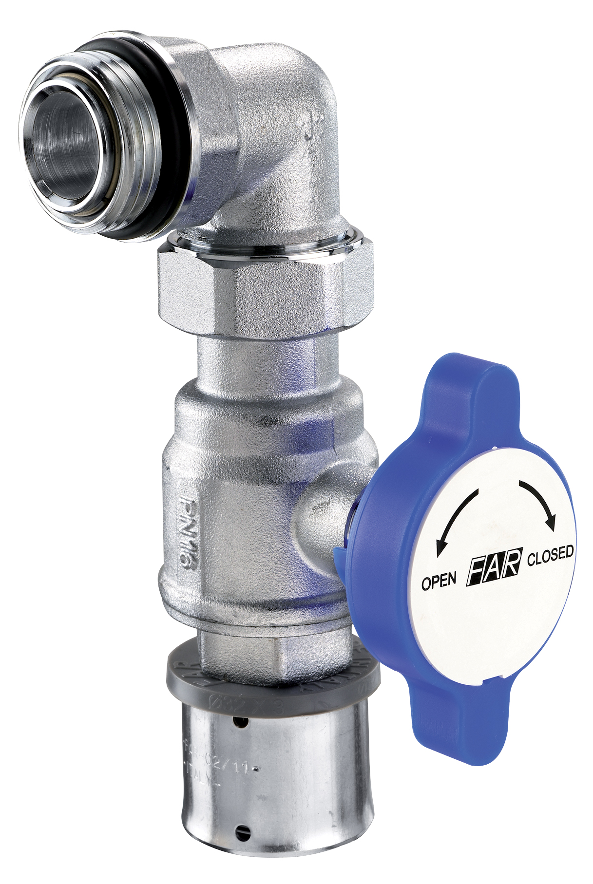 Кран шар.хром. под термометр, с угольником,  1"(НР c EPDM - Ø 26X3 PRESSFAR), син. ручка