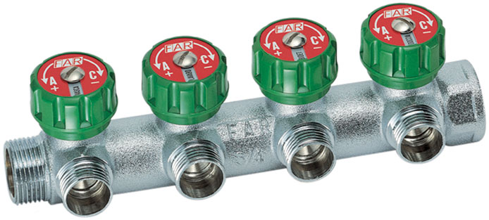 Коллектор регулирующий 1" (ВР-НР) с 4 отв. 3/4"EU с вставкой под плоское уплотнение