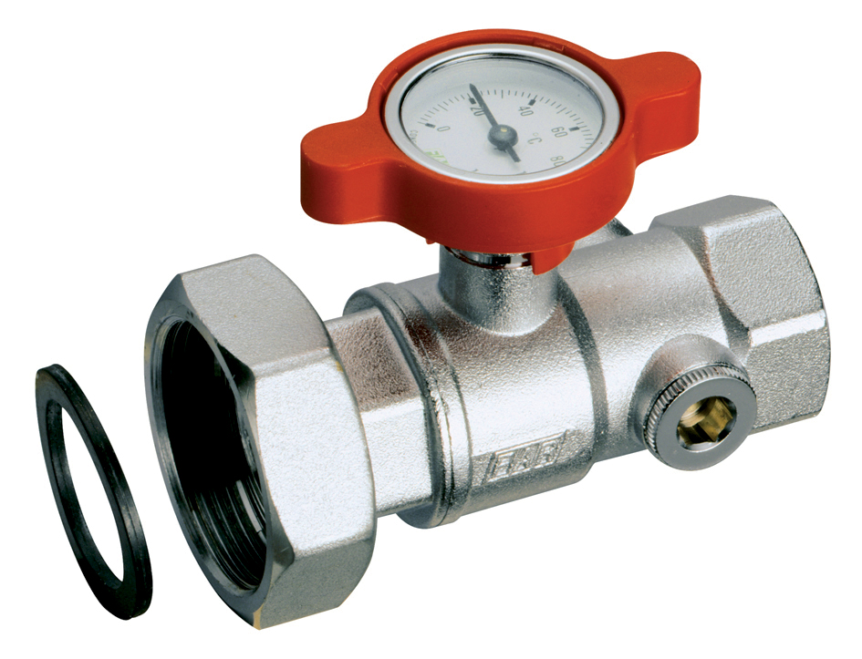 Шаров.кран 1"(ВР)накид.гайка 1 1/2", термометр до 80?С ручка красн