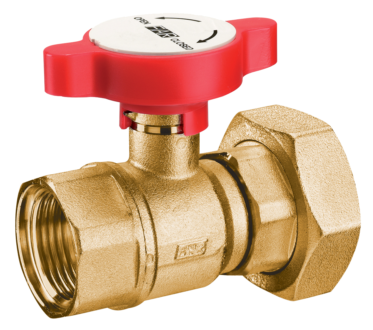 Кран шар., 1"х1 1/2", латунный, с накидн. гайкой, красная ручка