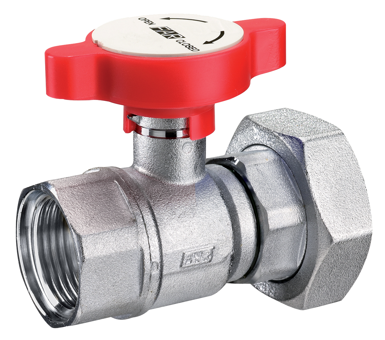 Кран шар., 1"х1 1/2", хром., с накидн. гайкой, красная ручка