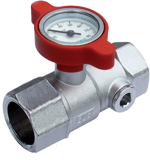 Хром.шар. кран с термометром, 1", красная ручка
