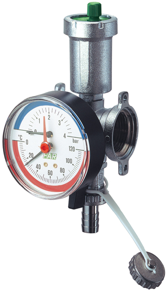 Фланцевый хром. узел 1" с авт.воздухоотводчиком, термоманометром (0-10 бар)  и слив.краном