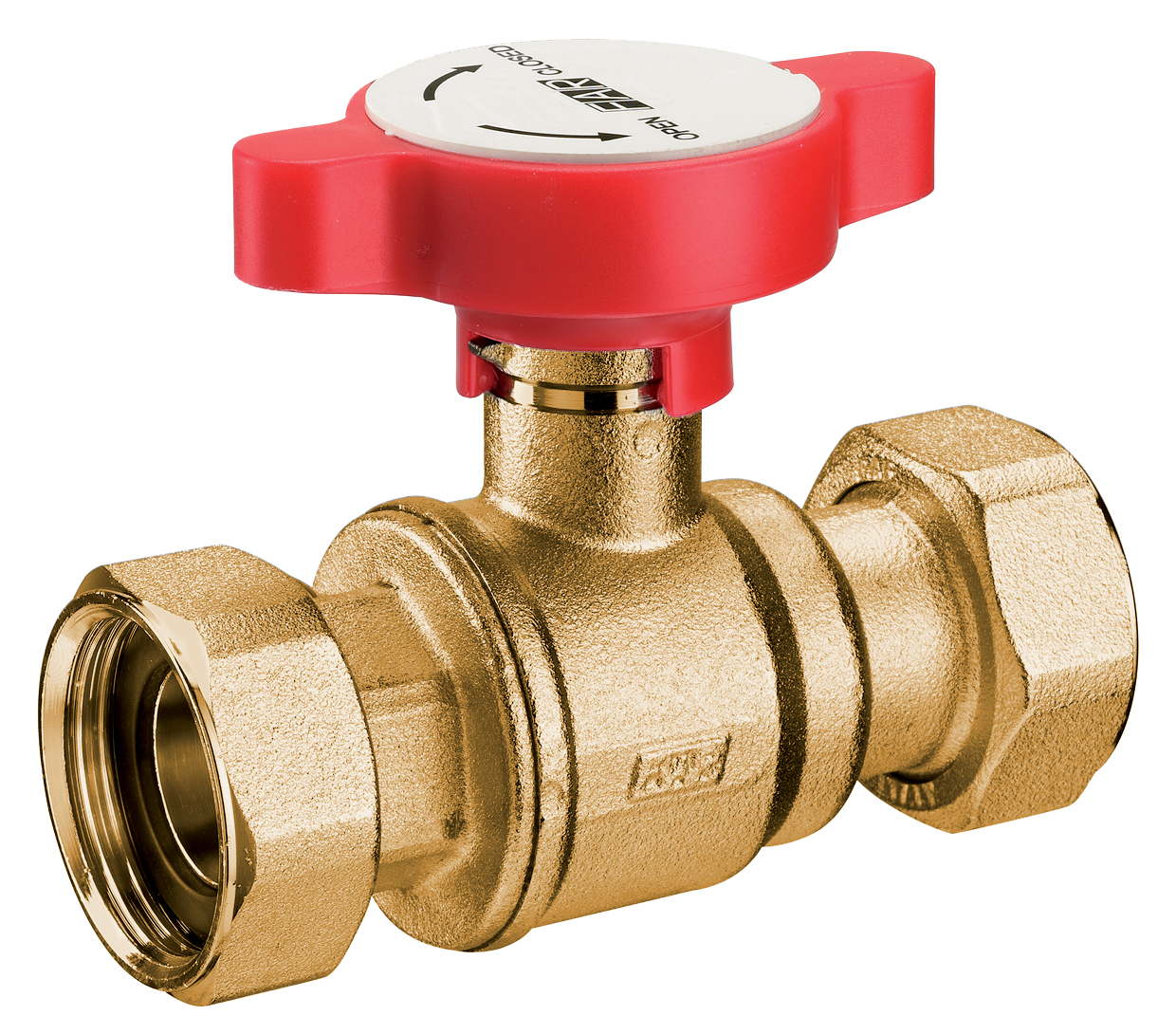 Кран шар., 1"х3/4", латунный, с 2 накид.гайками., красная ручка