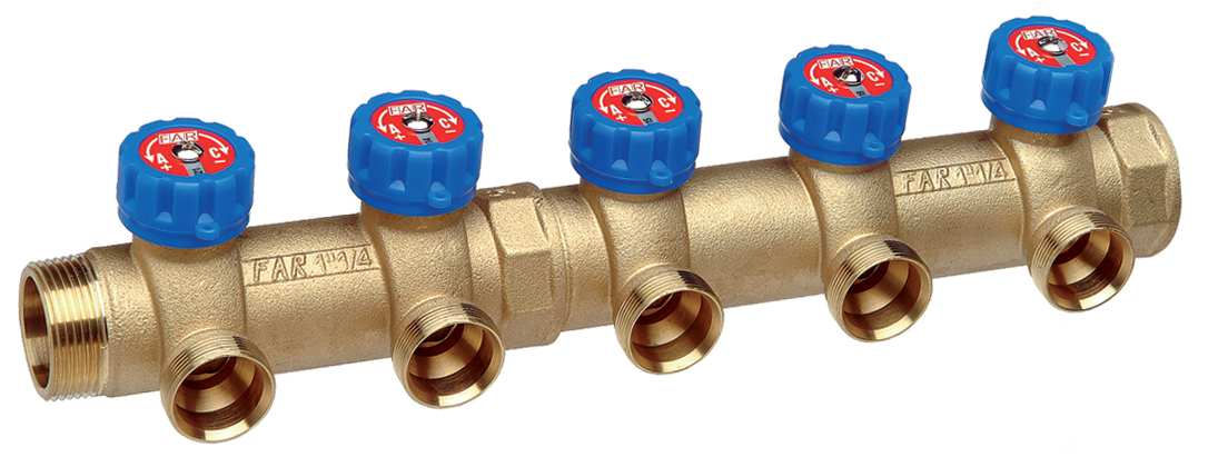 Регулирующий коллектор 1 1/4" (НР - ВР) c 3-мя отводами 1” (межосев. 70 мм)