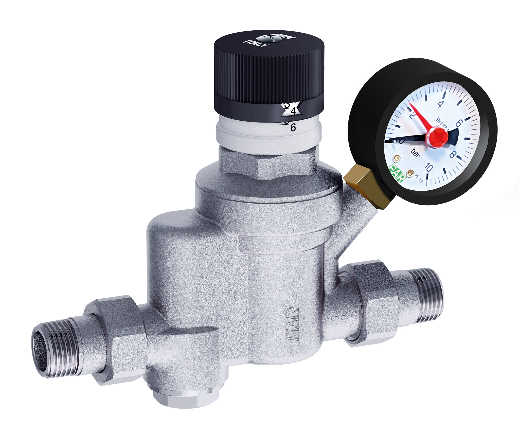 Редуктор с фильтром хром. 3/4" (НР-НР) с визуализацией давления, с манометром, 600 мкм