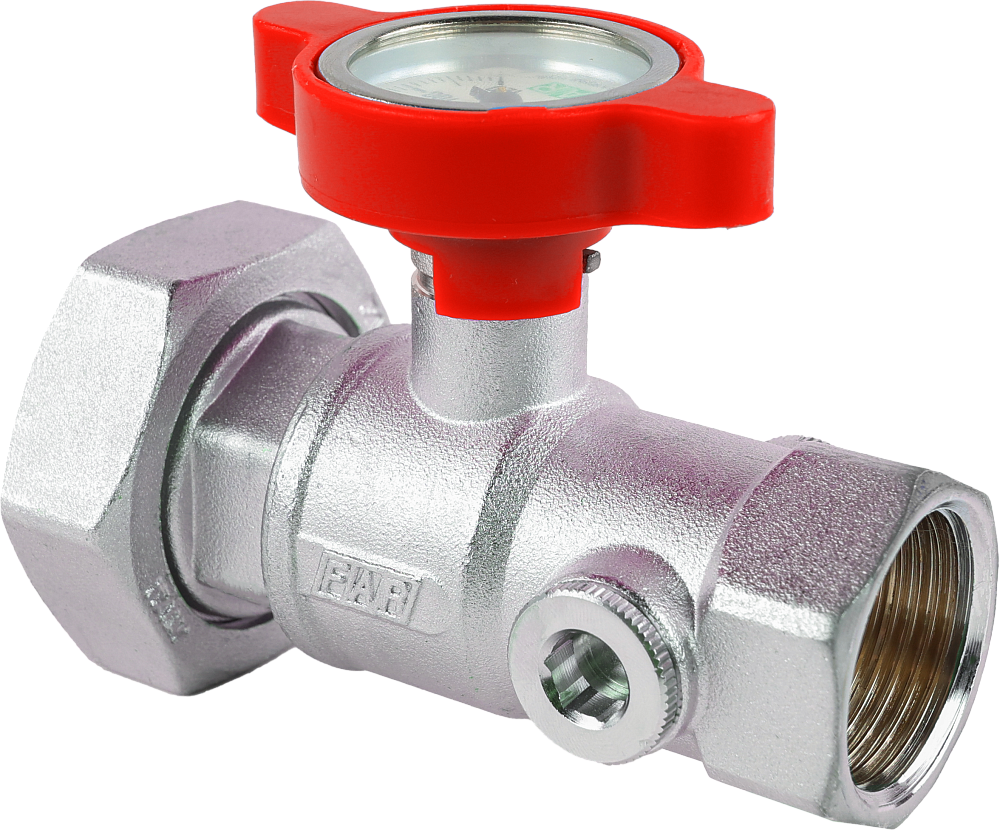 Кран шаровой FAR 1"-1 1/2", ВР-накидная гайка EPDM, под датчик, красная бабочка с термометром, хром