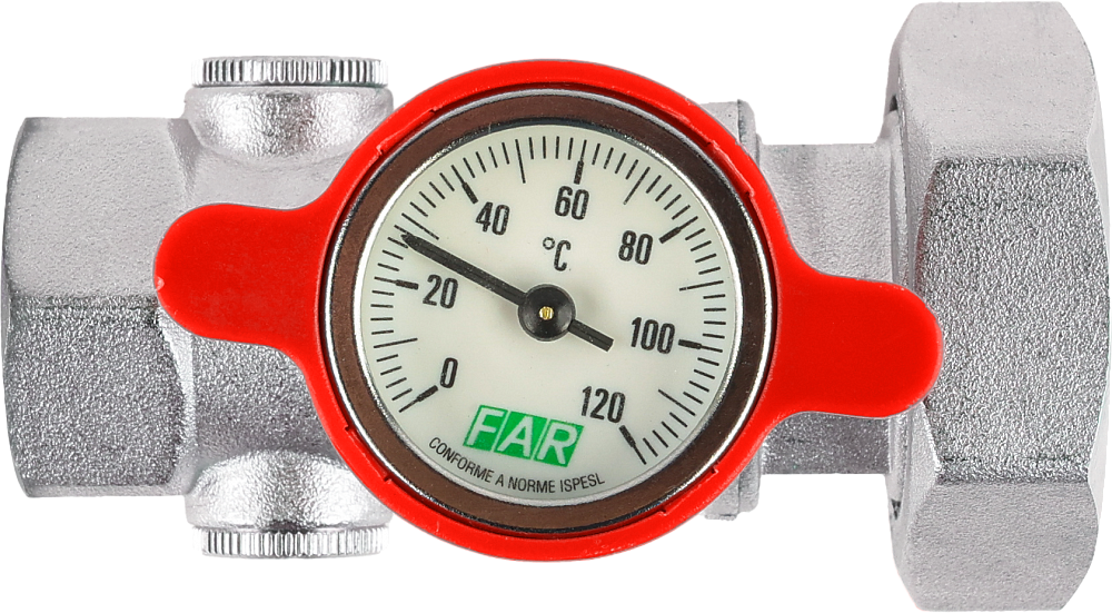 Кран шаровой FAR 1"-1 1/2", ВР-накидная гайка EPDM, под датчик, красная бабочка с термометром, хром