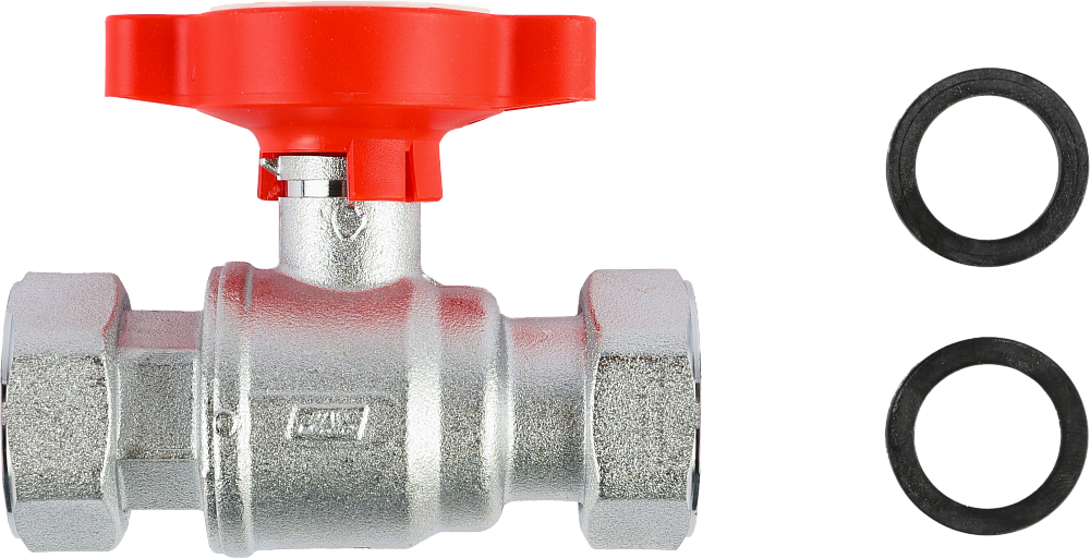 Кран шаровой хром. FS 3056 1" х 3/4" красная ручка ВР-ВР с двумя накидными гайками