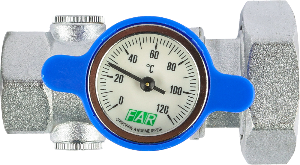 Кран шаровой FAR 1"-1 1/2", ВР-накидная гайка EPDM, под датчик, синяя бабочка с термометром, хром