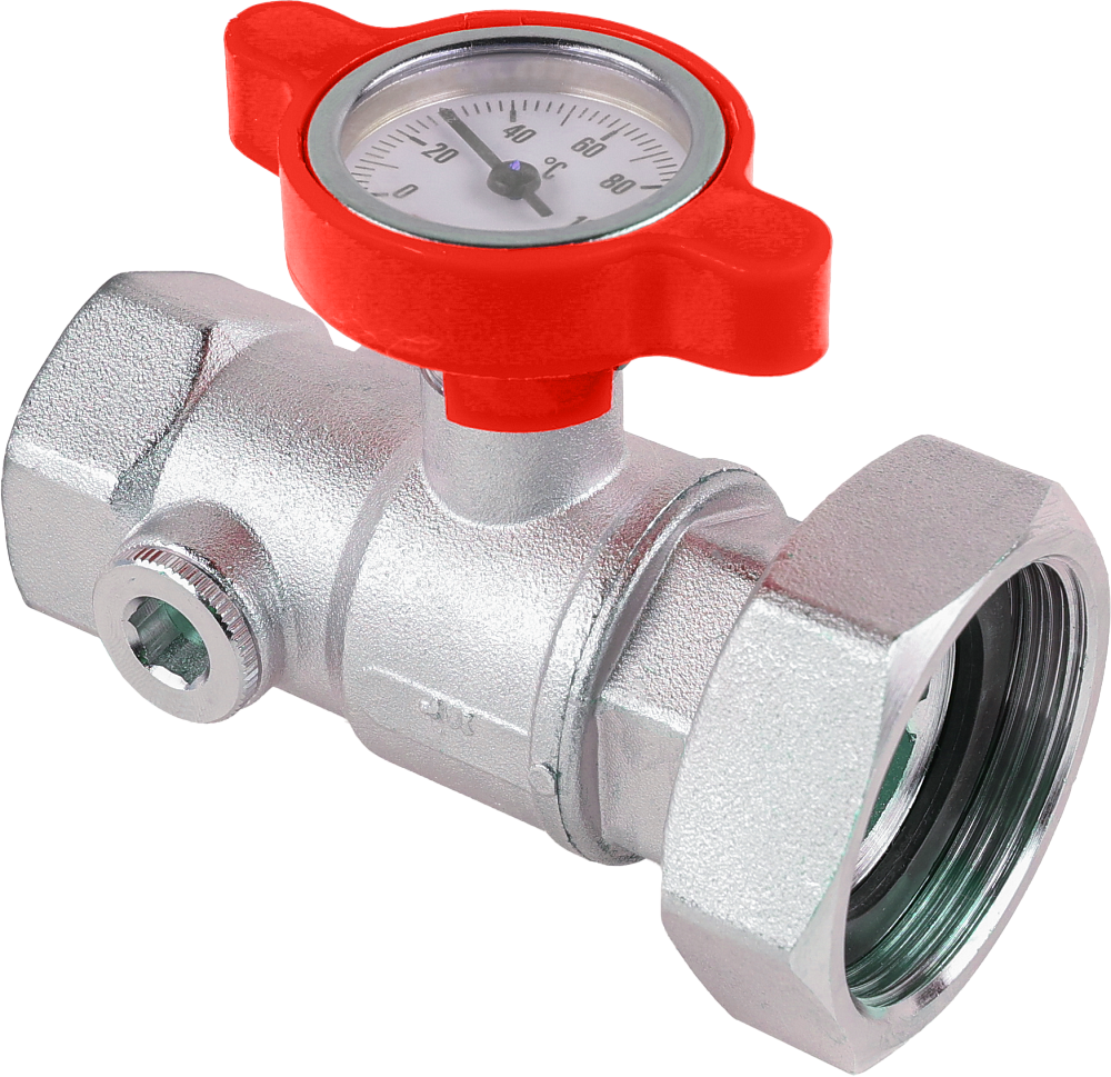 Кран шаровой FAR 1"-1 1/2", ВР-накидная гайка EPDM, под датчик, красная бабочка с термометром, хром