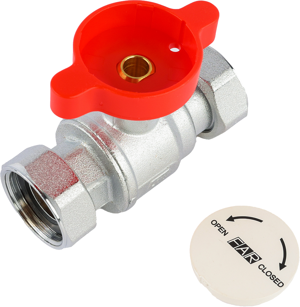 Кран шаровый, 3/4"х3/4", хромированный, с 2 накидными гайками, красная ручка